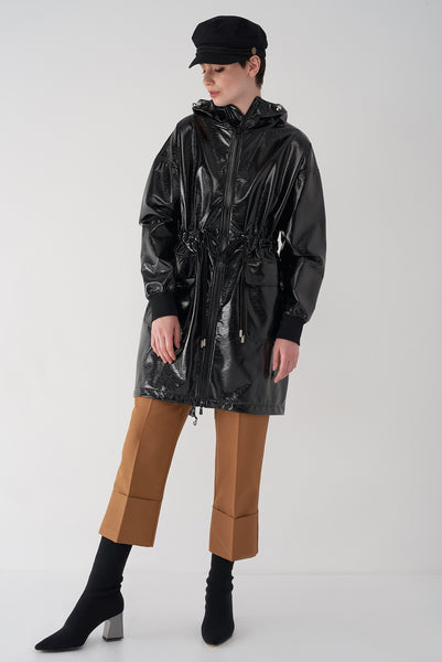 Black patent leather raincoat shop