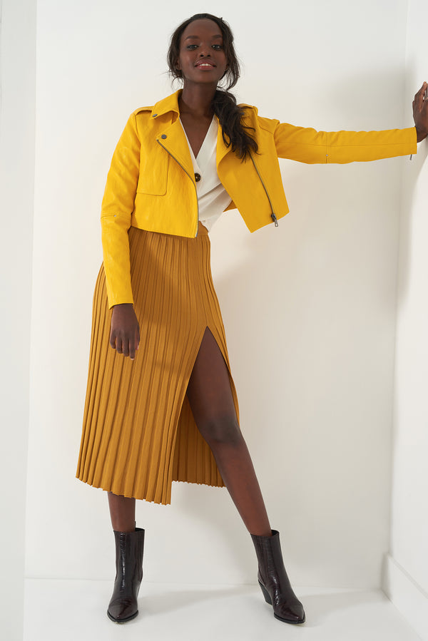 HARLEY DAFFODIL - Faux Leather Cropped Moto Jacket