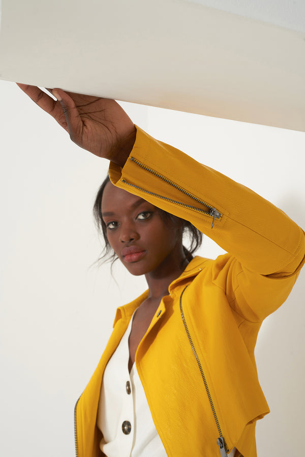 HARLEY DAFFODIL - Faux Leather Cropped Moto Jacket